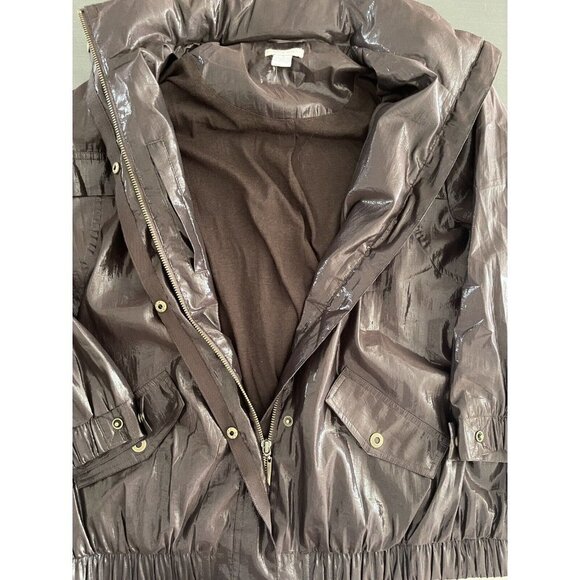 Chico’s 80’s Wet Look Brown Shiny Bomber Jacket Hooded 3/4 sleeve Size 1 / Med - Picture 11 of 12